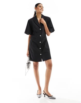 Pieces Tailored Mini Dress With Diamante Buttons In Black