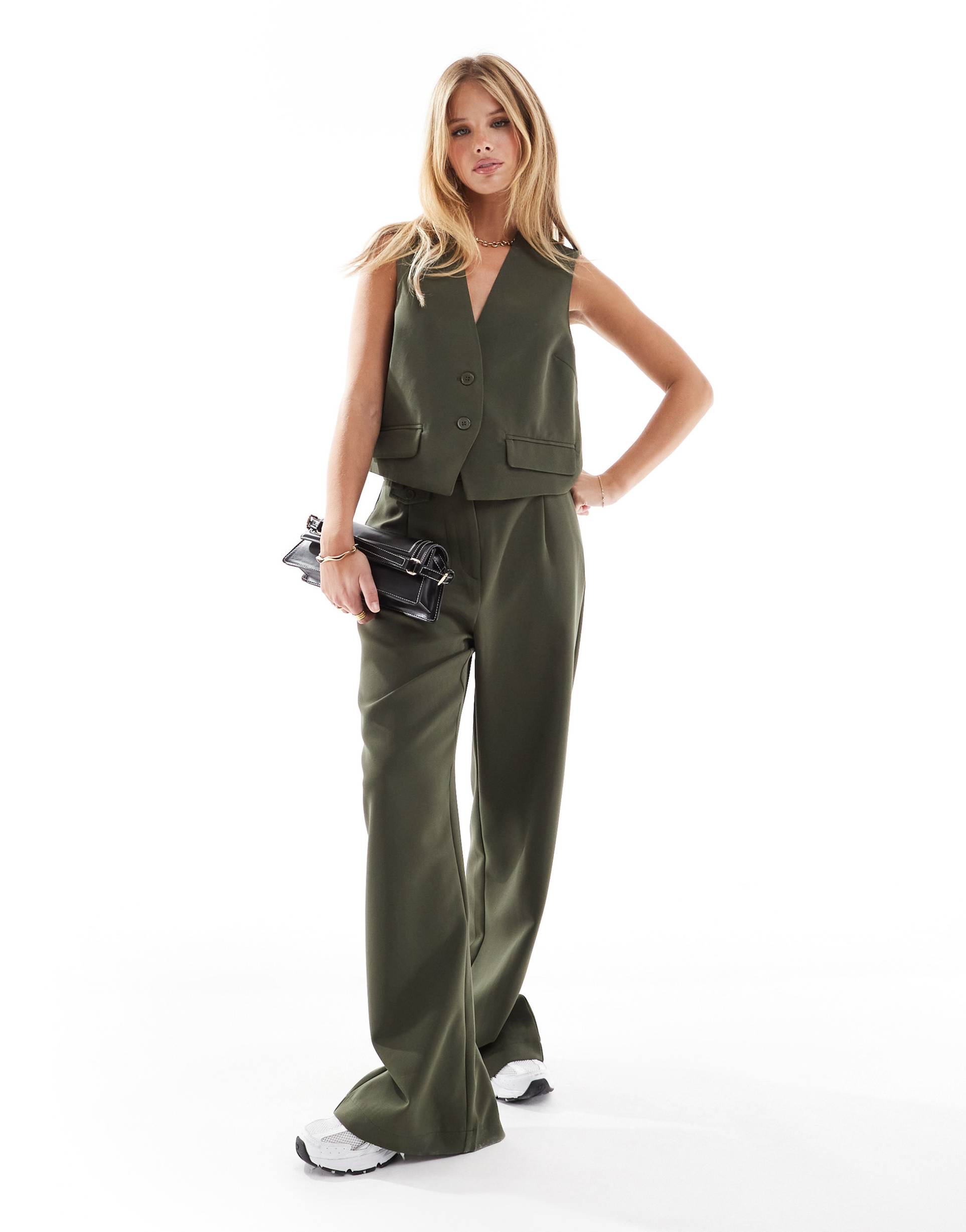 pieces tailored multiway button leg pants in khaki - part of a set