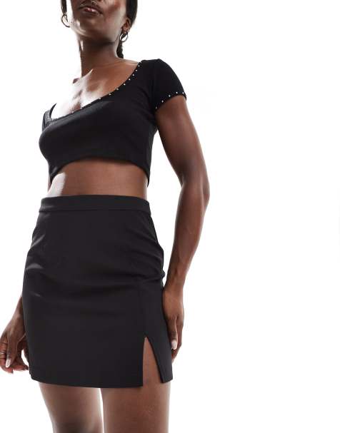 Pieces tailored notch front mini skirt in black - view 1