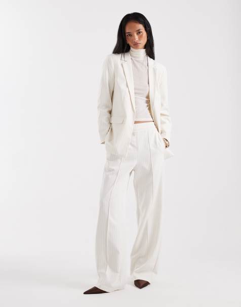 Pieces tailored oversized blazer and wide leg trouser set in birch cream pinstripe - view 1