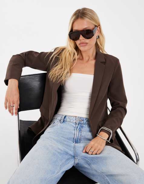 Pieces tailored oversized blazer in chocolate brown - view 1
