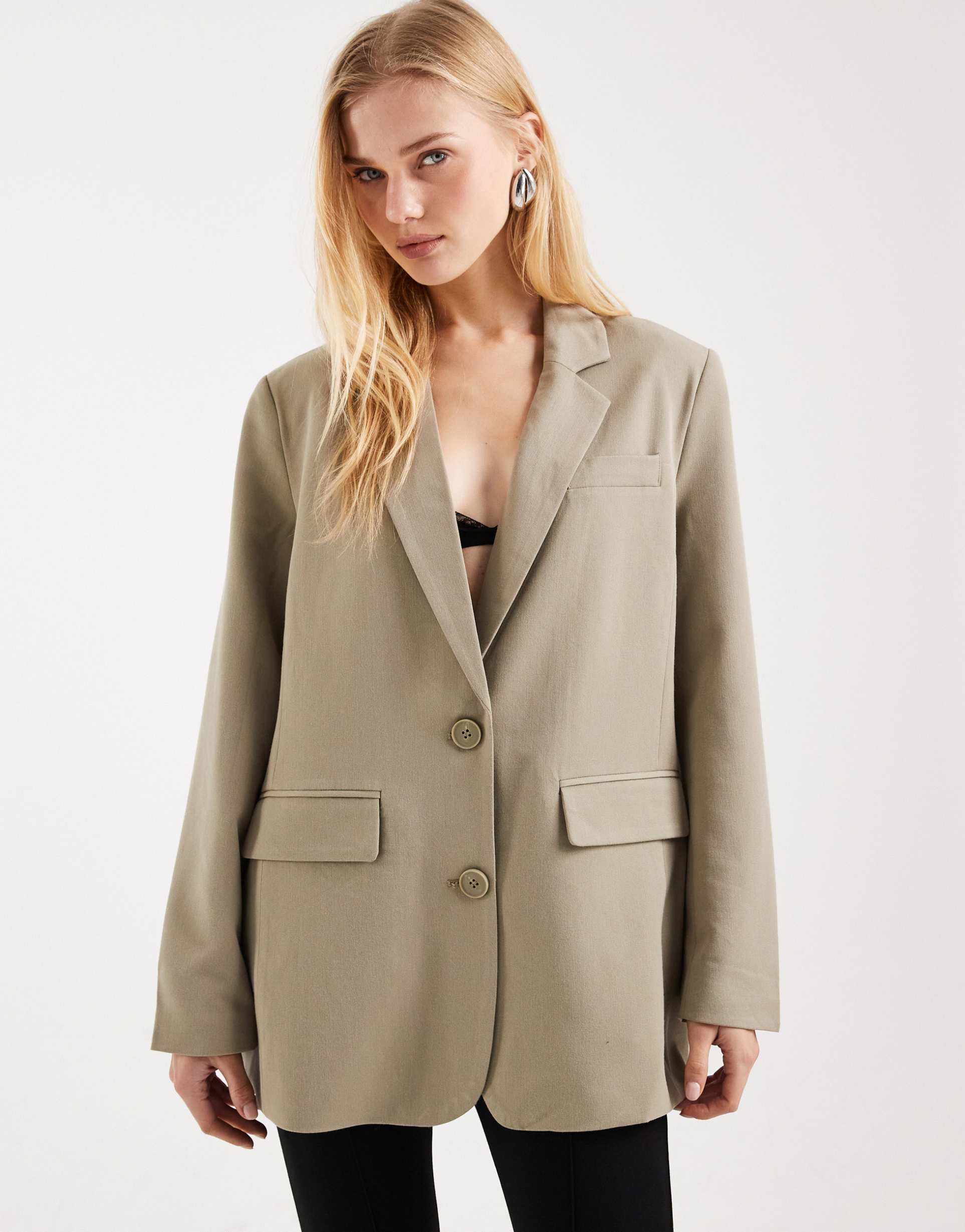 pieces tailored oversized boxy blazer in pale khaki green