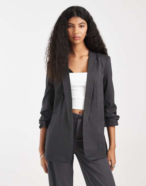 Pieces tailored ruched sleeve blazer in grey pinstripe