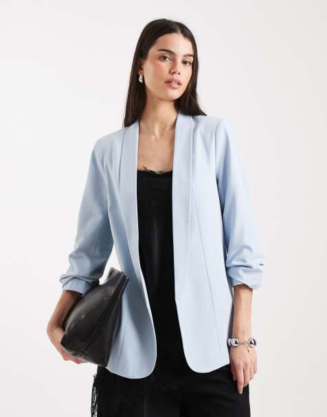 Pieces tailored ruched sleeve blazer in light blue