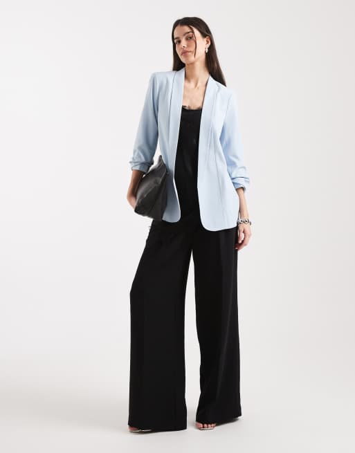 Pieces tailored ruched sleeve blazer in light blue, 2 of 4