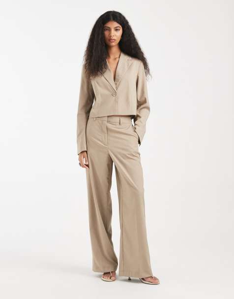 Pieces tailored short blazer and wide leg trouser set in beige - view 1