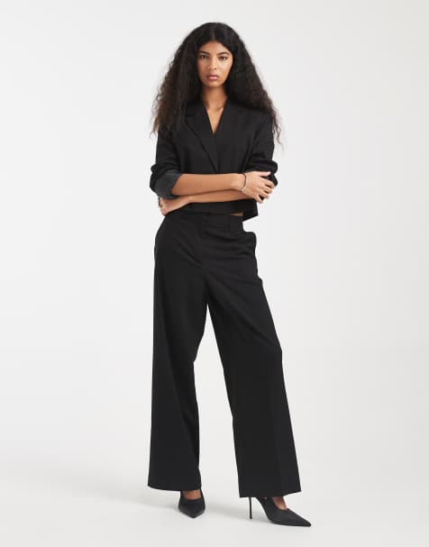 Pieces tailored short blazer and wide leg trouser set in black - view 1