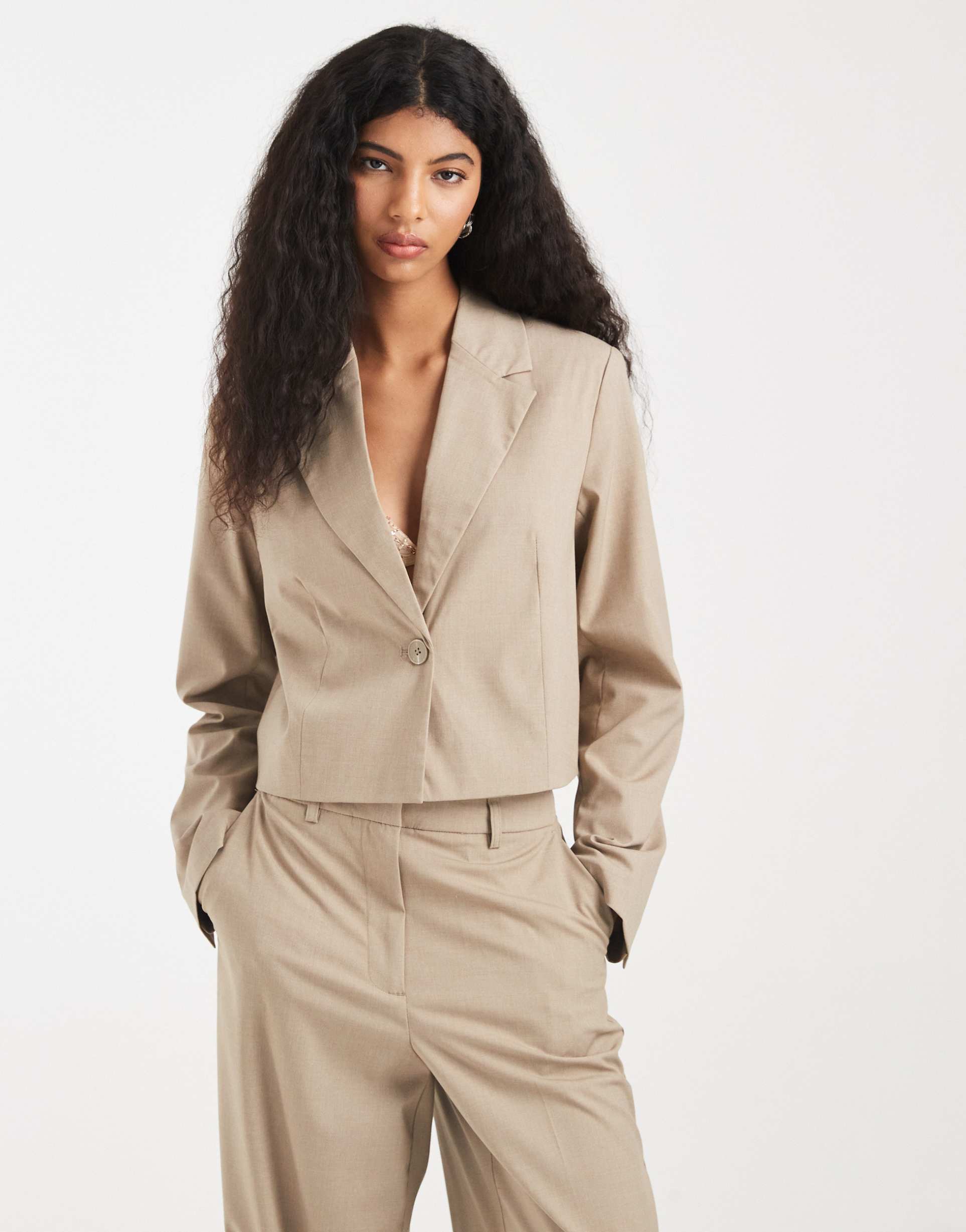 pieces tailored short blazer in beige - part of a set