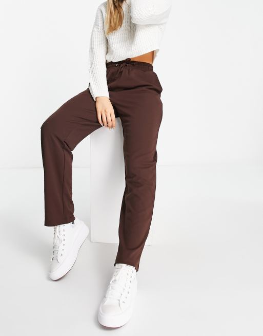 Pieces tailored straight leg trousers in chocolate brown