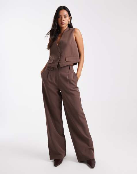 Pieces tailored vest and multiway button leg pants set in chocolate brown - view 1