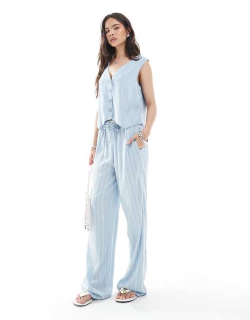 Pieces tailored vest co-ord in light blue stripe, 2 of 4