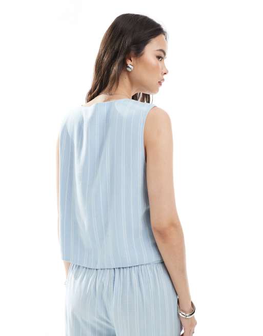 Pieces tailored vest co-ord in light blue stripe, 4 of 4