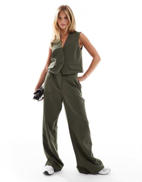 Pieces tailored waistcoat and multiway button leg trouser set in khaki - view 1