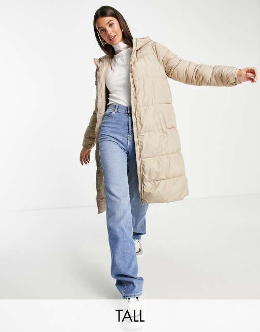 Pieces Tall – Beige, vadderad kappa i lång modell