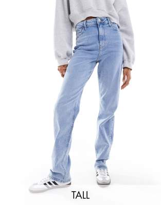 Pieces Tall Bella high waisted straight leg jeans in light blue