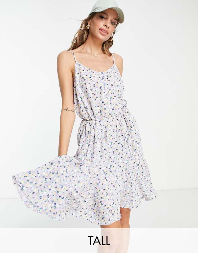 Pieces Tall button front mini slip dress in blue ditsy floral