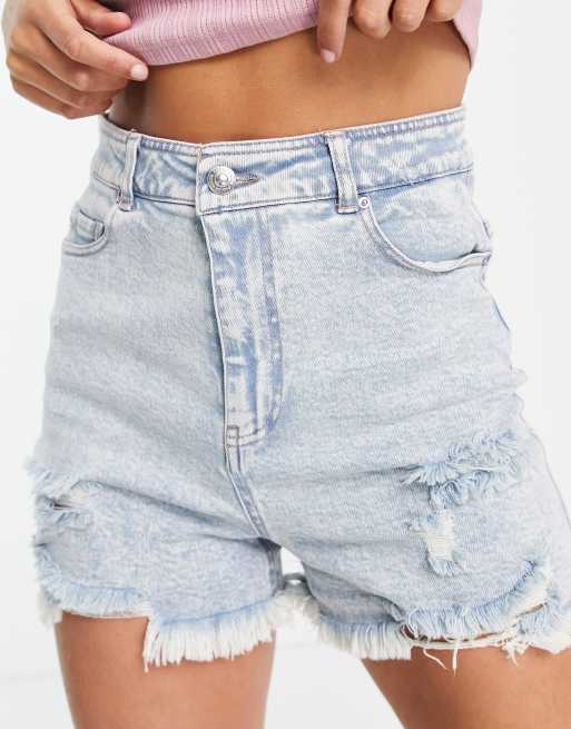 Pieces Tall denim shorts in blue, 3 of 4