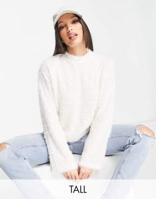 Pieces Tall exclusive high neck fluffy sweater in white