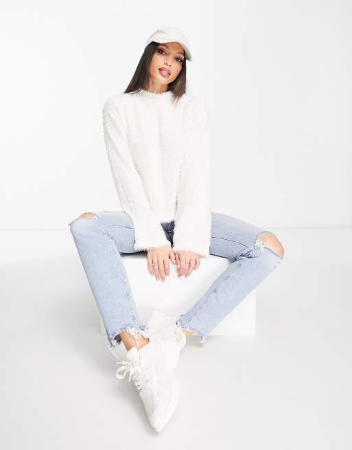 Pieces Tall exclusive high neck fluffy sweater in white | ASOS