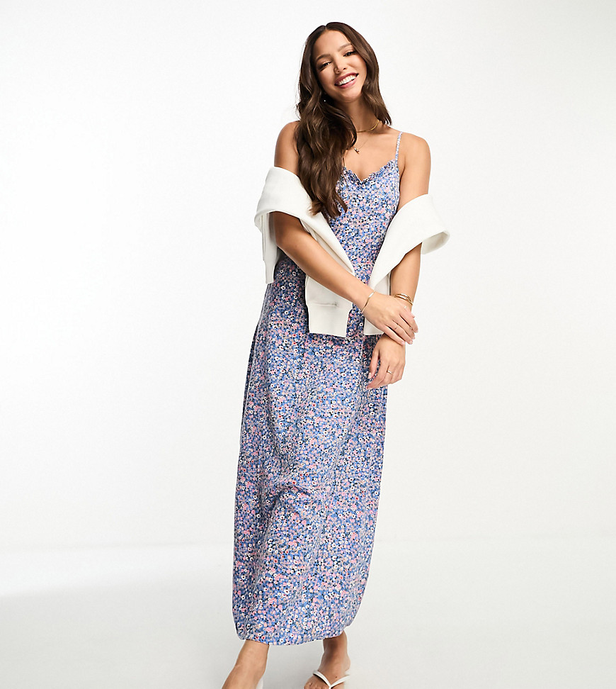 Pieces Tall Exclusive midi slip dress in blue ditsy