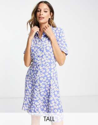 Pieces Tall exclusive mini shirt dress in blue daisy