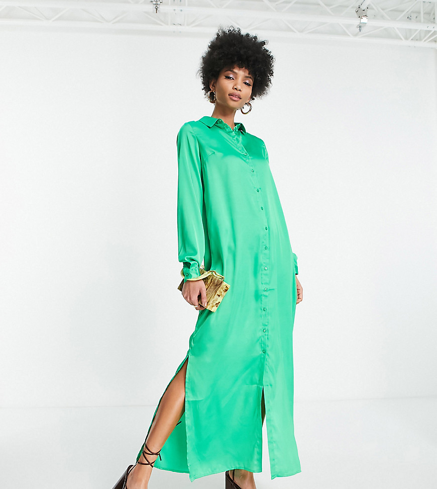 Pieces Tall exclusive satin side slit midi dress in bright green-Multi