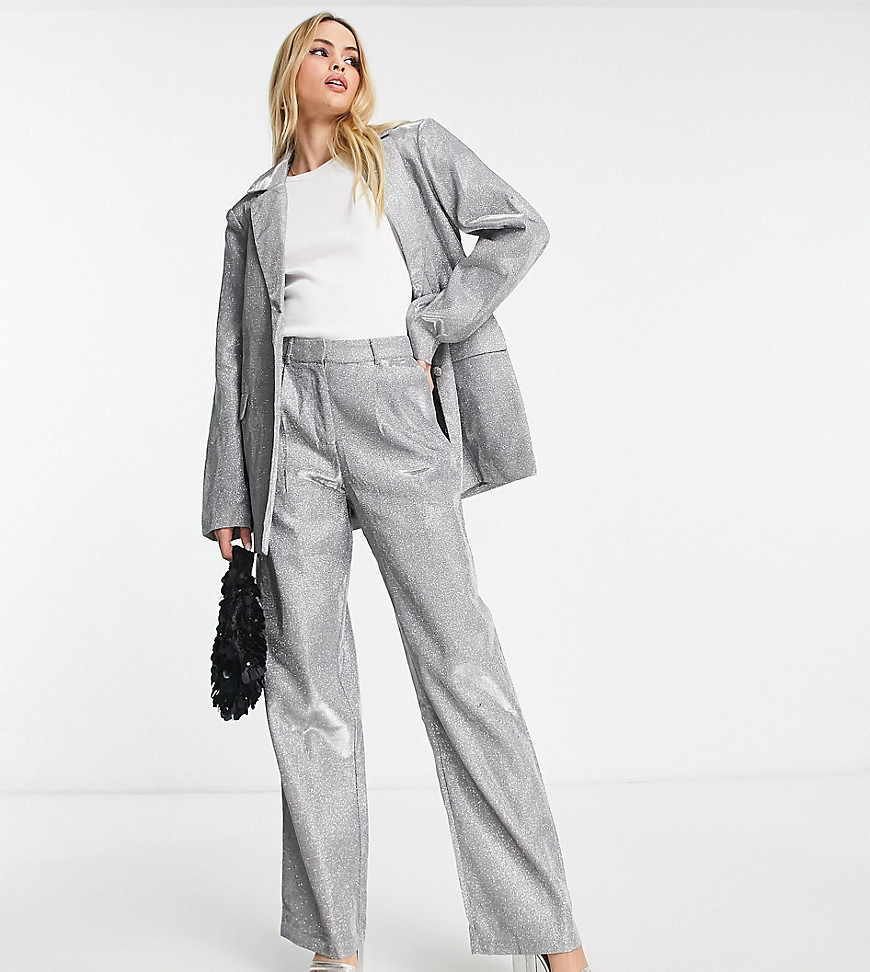 Pieces Tall exclusive tailored straight leg trousers co-ord in silver glitter