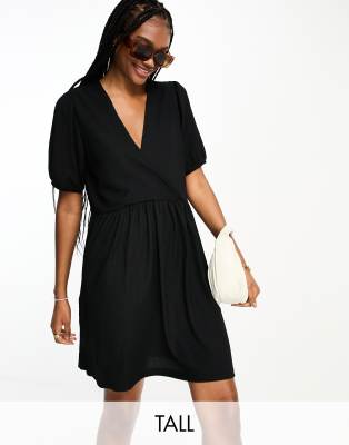 Pieces Tall Exclusive textured V-neck smock mini dress in black