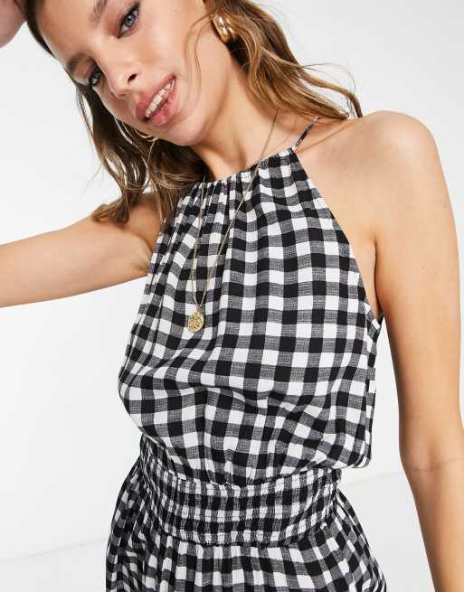 Pieces Tall exclusive tie cami romper in black gingham check