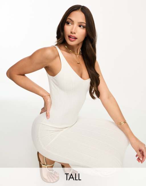 Pieces Tall exclusive v neck knitted midi dress in white