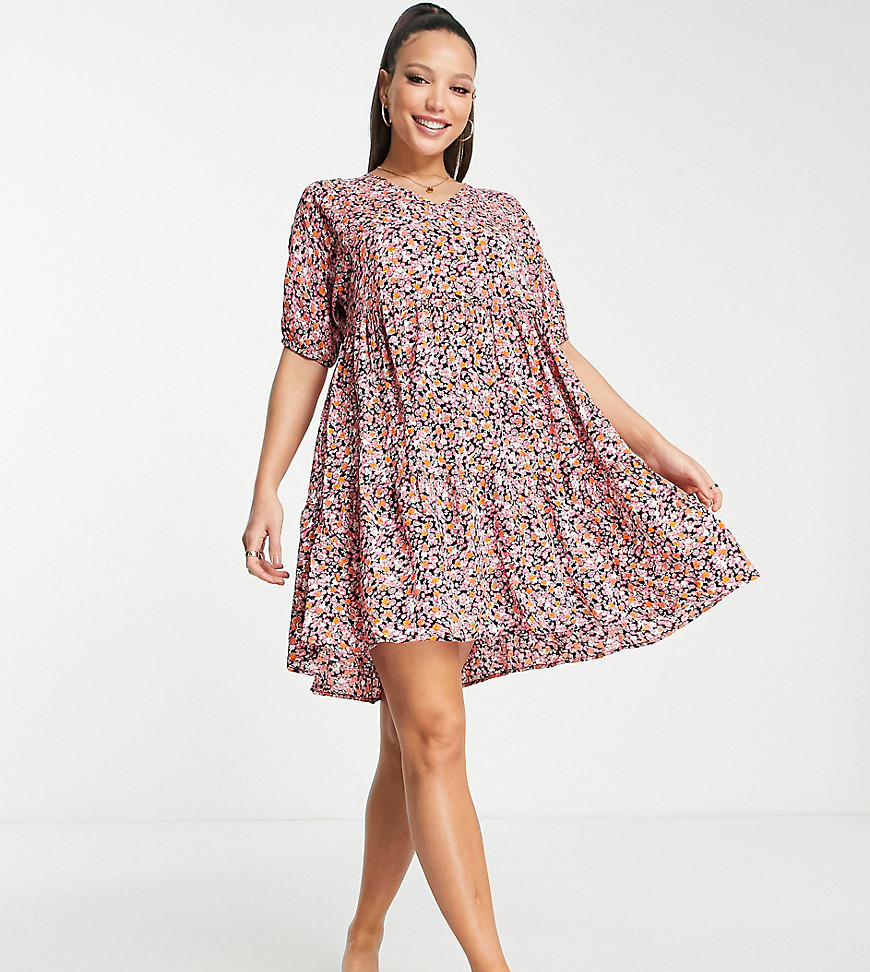 Pieces Tall exclusive v neck smock dress in ditsy foral-Multi