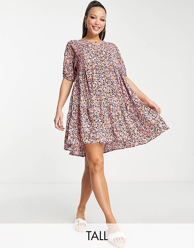 Pieces Tall exclusive v neck smock dress in ditsy foral