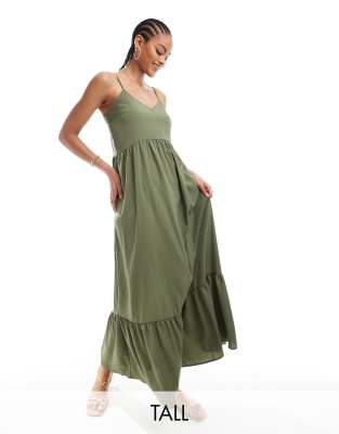 Pieces Tall Frill Bottom Maxi Dress In Khaki-green