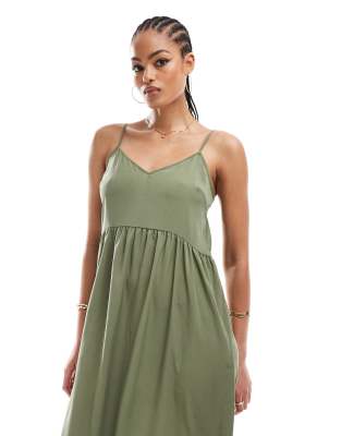 Pieces Tall frill bottom maxi dress in khaki | ASOS