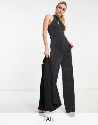 Pieces Tall Pieces Tall glitter halterneck jumpsuit in black