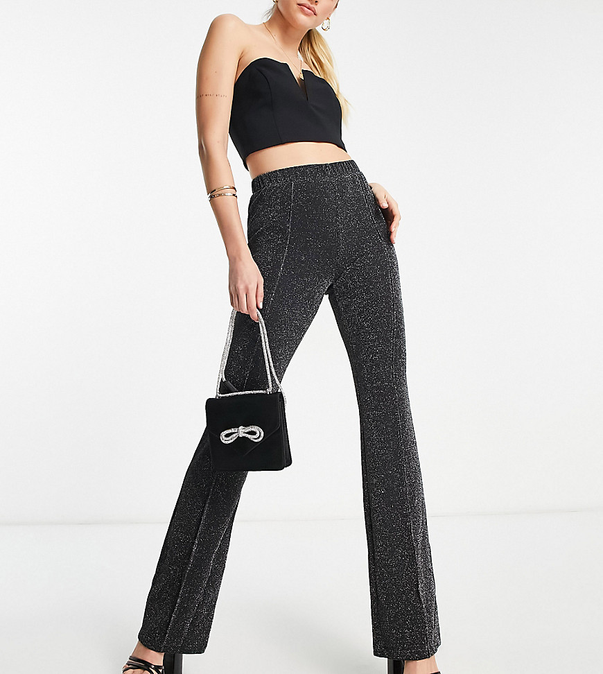 Pieces Tall glitter high waisted flared trousers in black