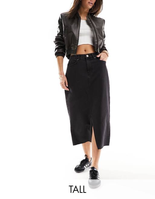 Pieces Tall - Gonna midi in denim nero slavato con spacco sul davanti