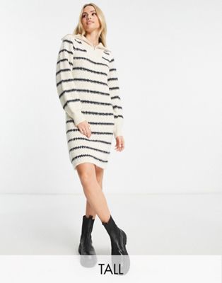 Pieces Tall half zip knit mini dress in navy & cream stripe-Multi