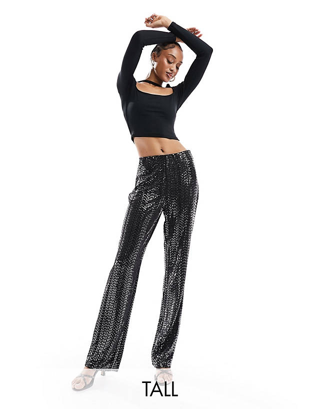 Pieces Tall - high waisted sequin trousers in black