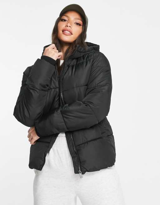 Pieces Tall hooded padded jacket in black