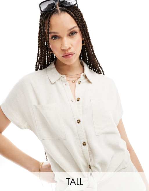 Pieces Tall – Leinenhemd in Creme mit Bindung vorne, Kombiteil