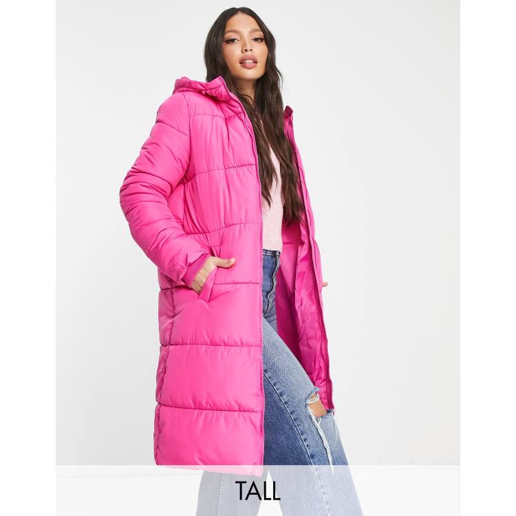 Pieces Tall longline hooded padded coat in bright pink