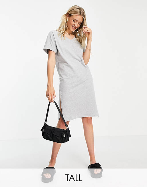 Pieces Tall midi t-shirt dress with v neck in grey marl