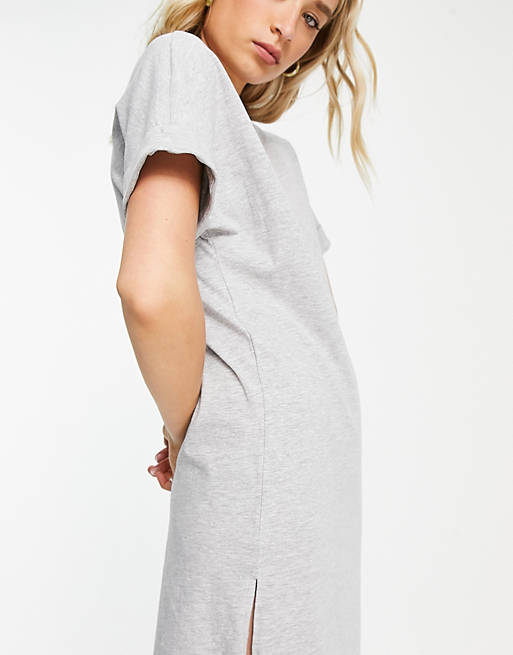 Dresses Pieces Tall midi t-shirt dress with v neck in grey marl 