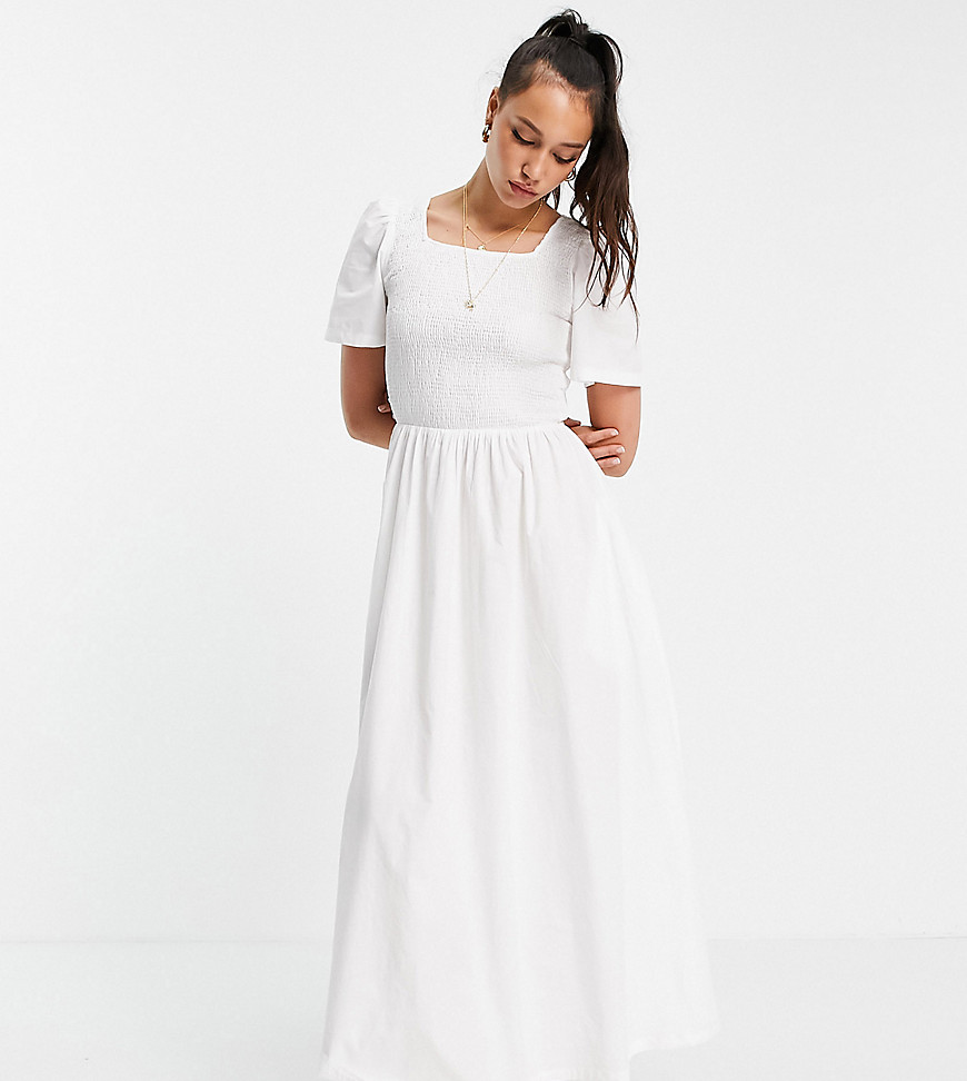 Pieces Tall organic cotton shirred maxi tea dress in white