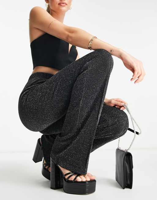 Pieces Tall - Pantalon évasé à taille haute - Noir pailleté, 3 de 4