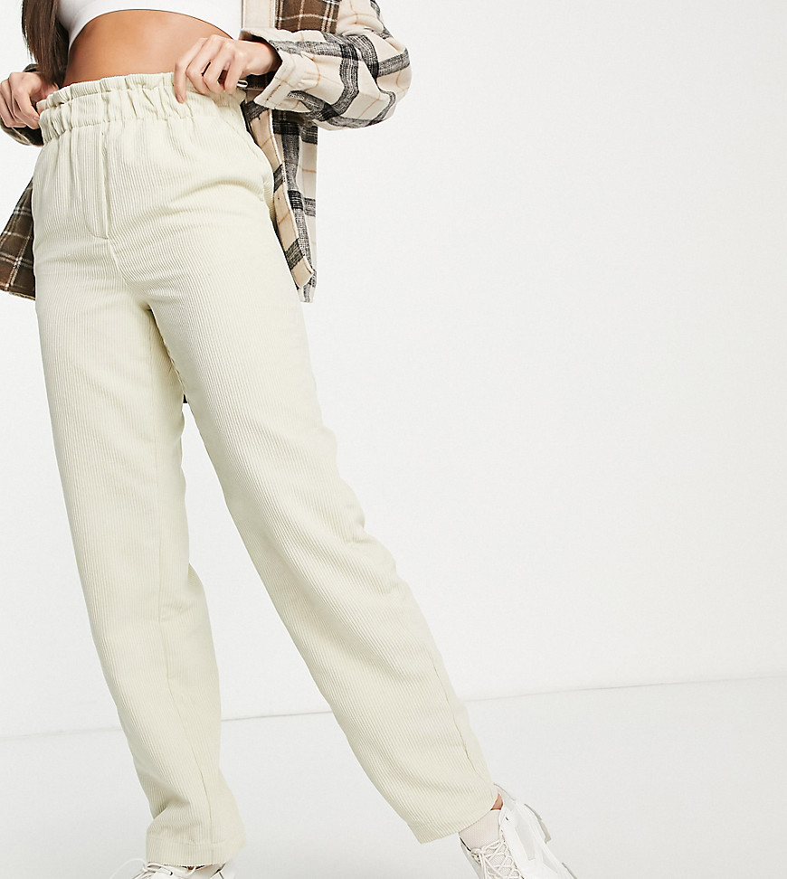 Pieces Tall paperbag waist straight leg cord pants in cream-White