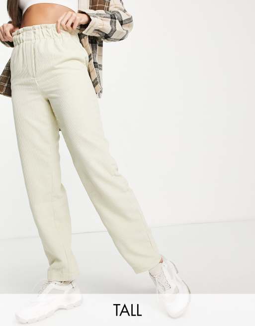 Pieces Tall paperbag waist straight leg cord trousers in cream