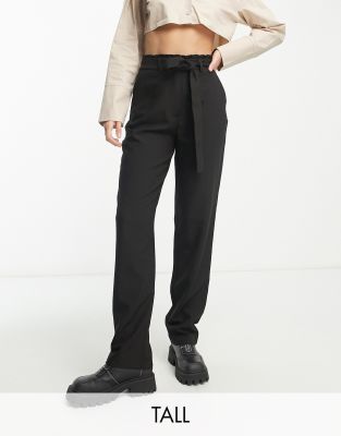 Pieces Tall Paperbag Waist Straight Pants In Black