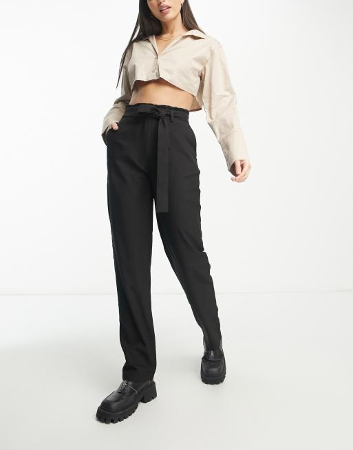 Pieces Tall paperbag waist straight trousers in black